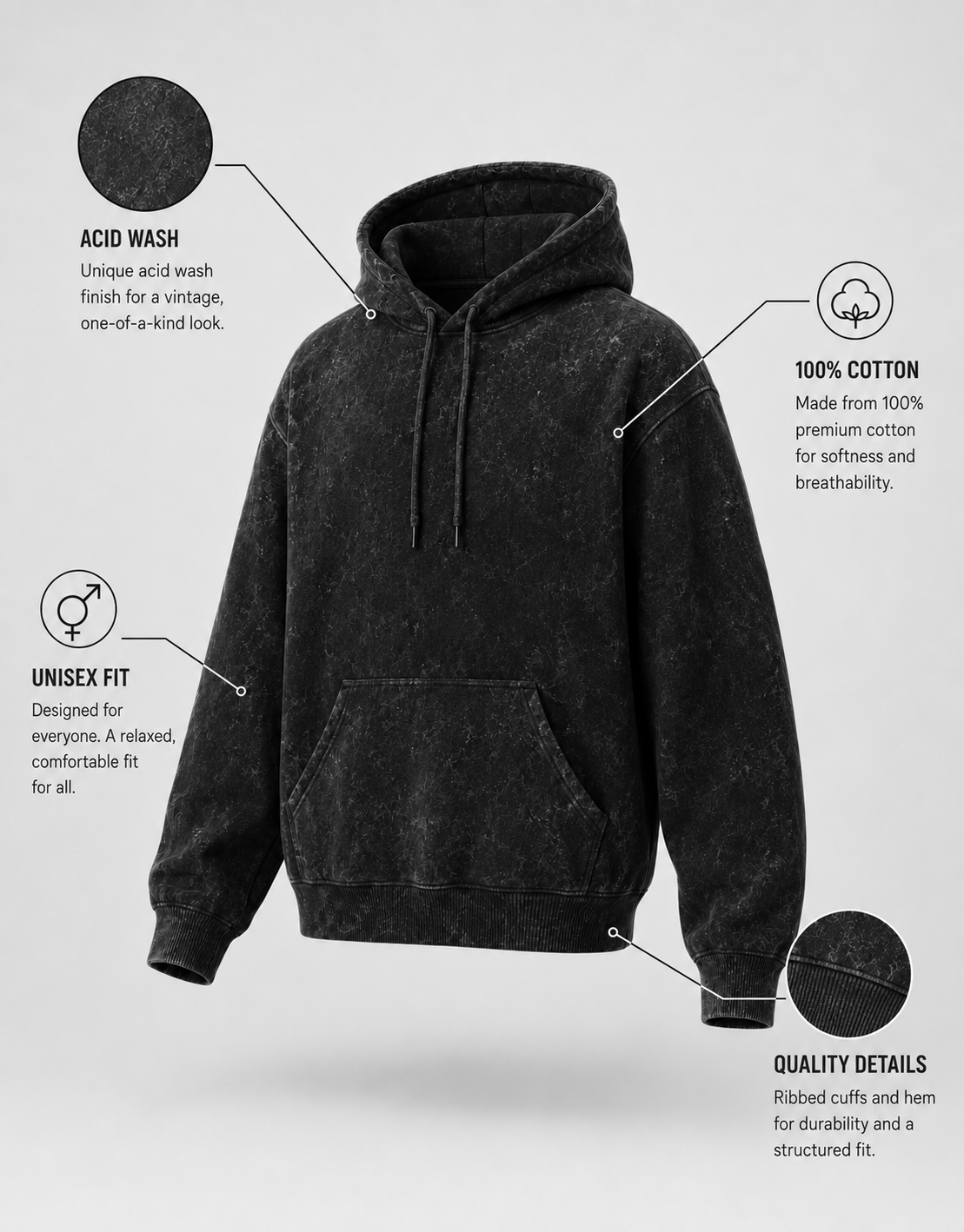 Black Unisex Acid Wash Hoodie