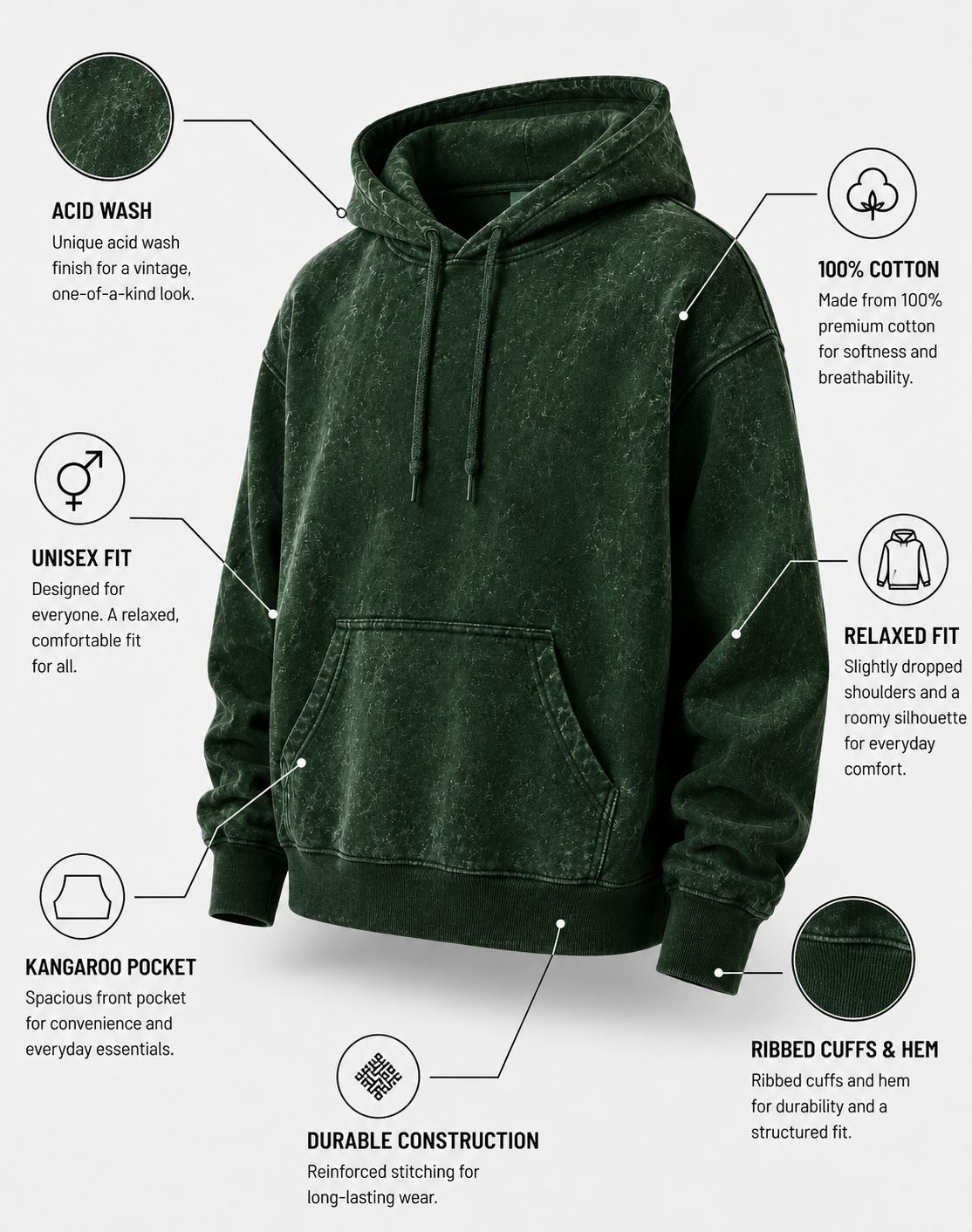 Bottle Green Unisex Acid Wash Hoodie