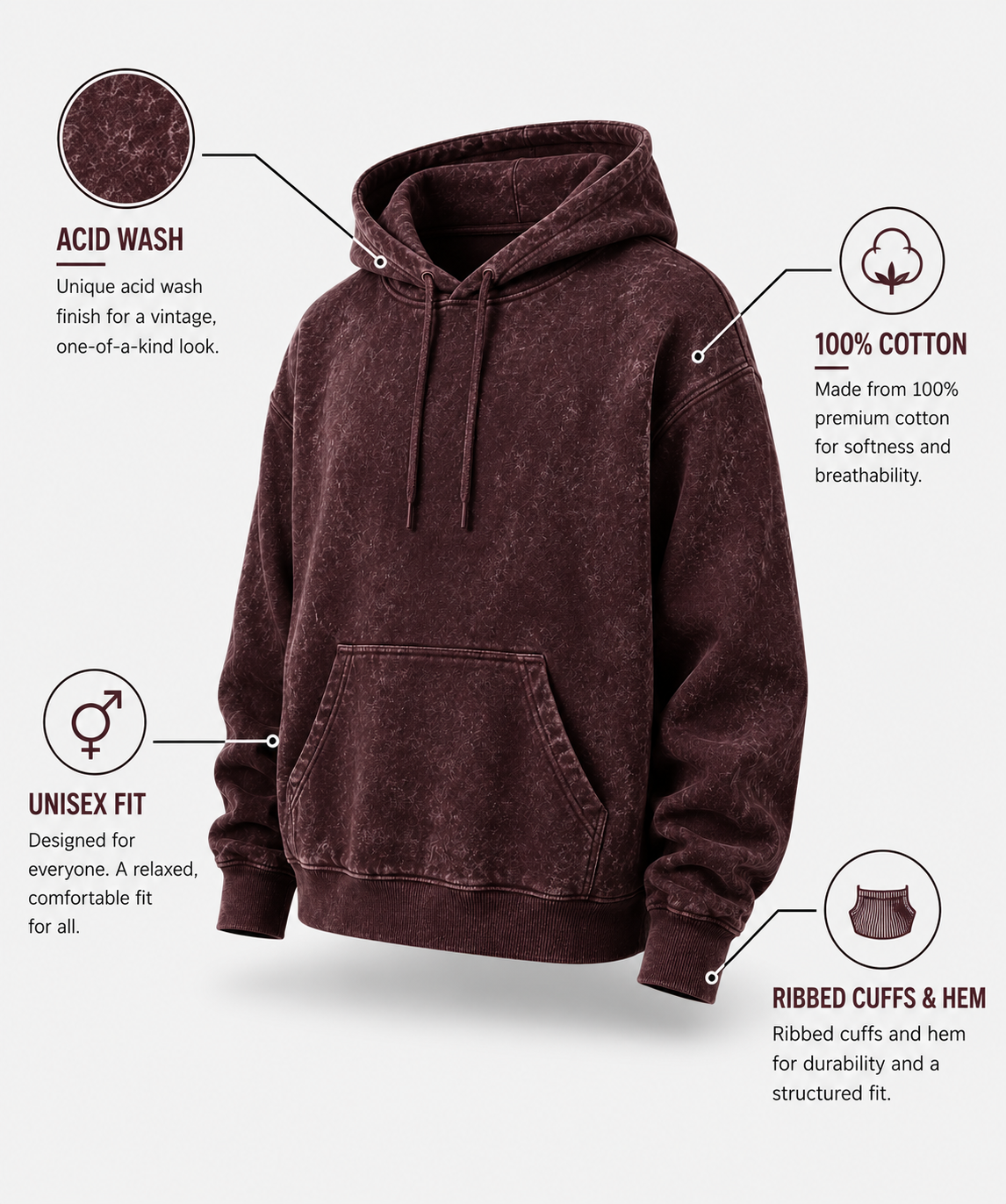 Maroon Unisex Acid Wash Hoodie