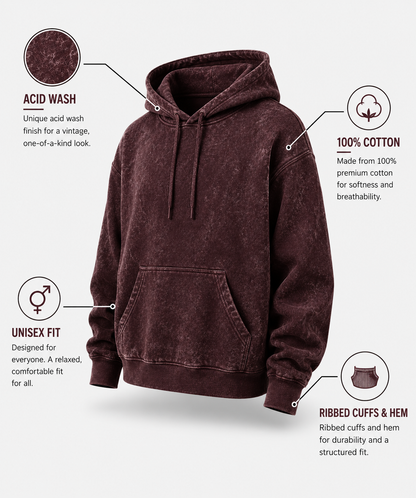 Maroon Unisex Acid Wash Hoodie