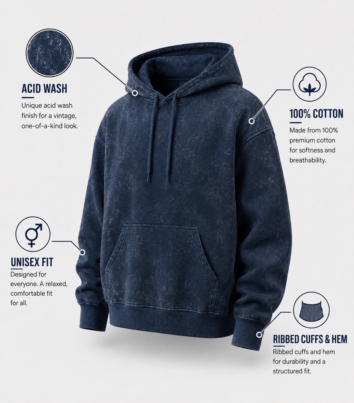 Navy Blue Unisex Acid Wash Hoodie