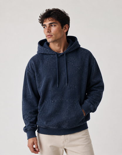 Navy Blue Unisex Acid Wash Hoodie