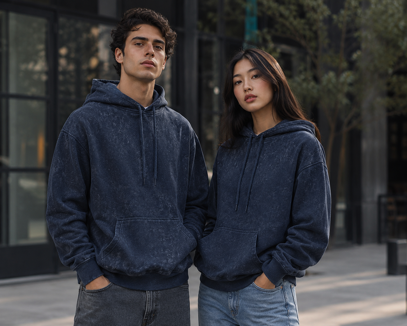 Navy Blue Unisex Acid Wash Hoodie