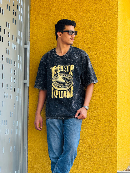 Never Stop Exploring Unisex Acid Wash Oversized T-Shirt