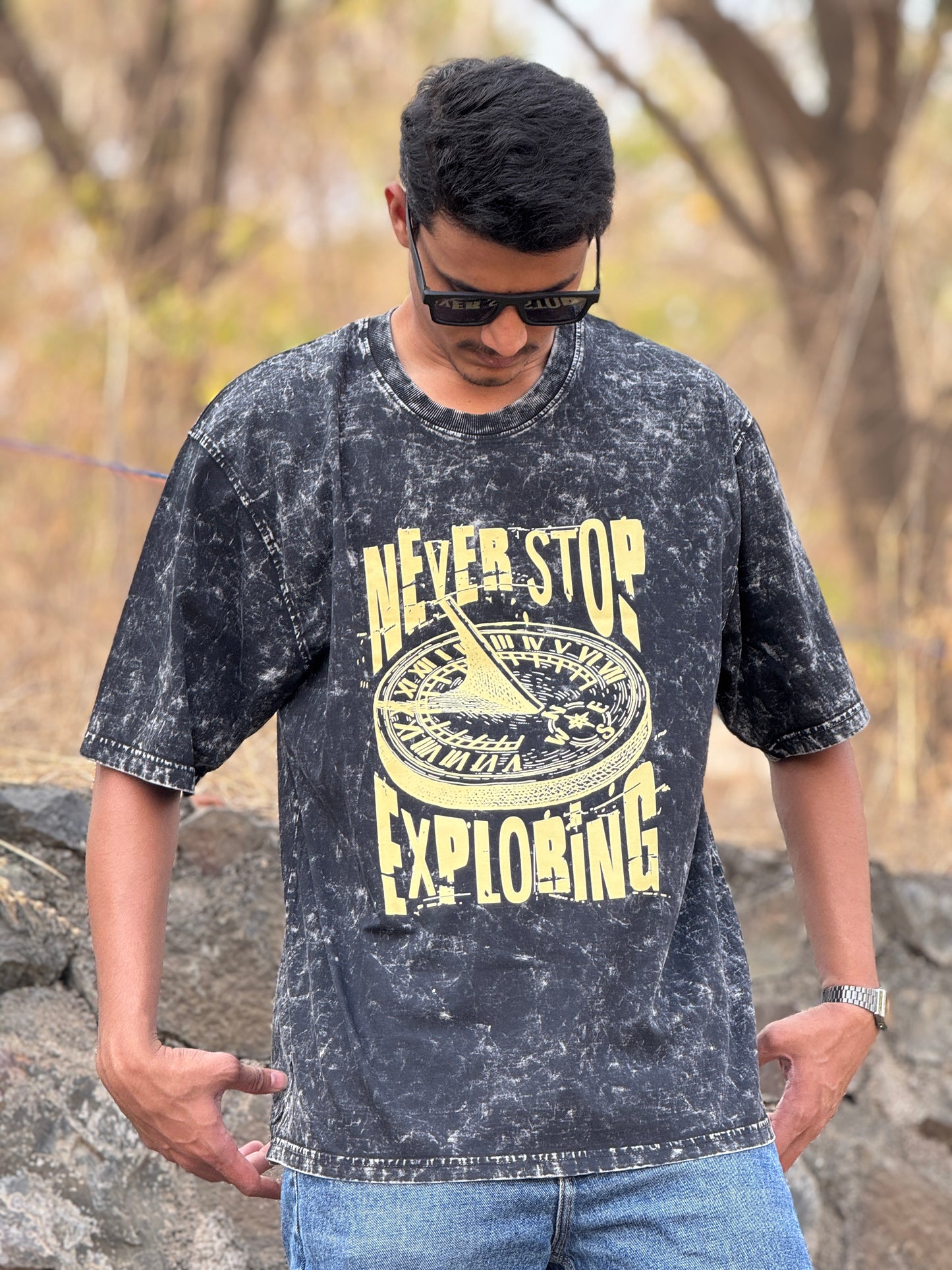 Never Stop Exploring Unisex Acid Wash Oversized T-Shirt