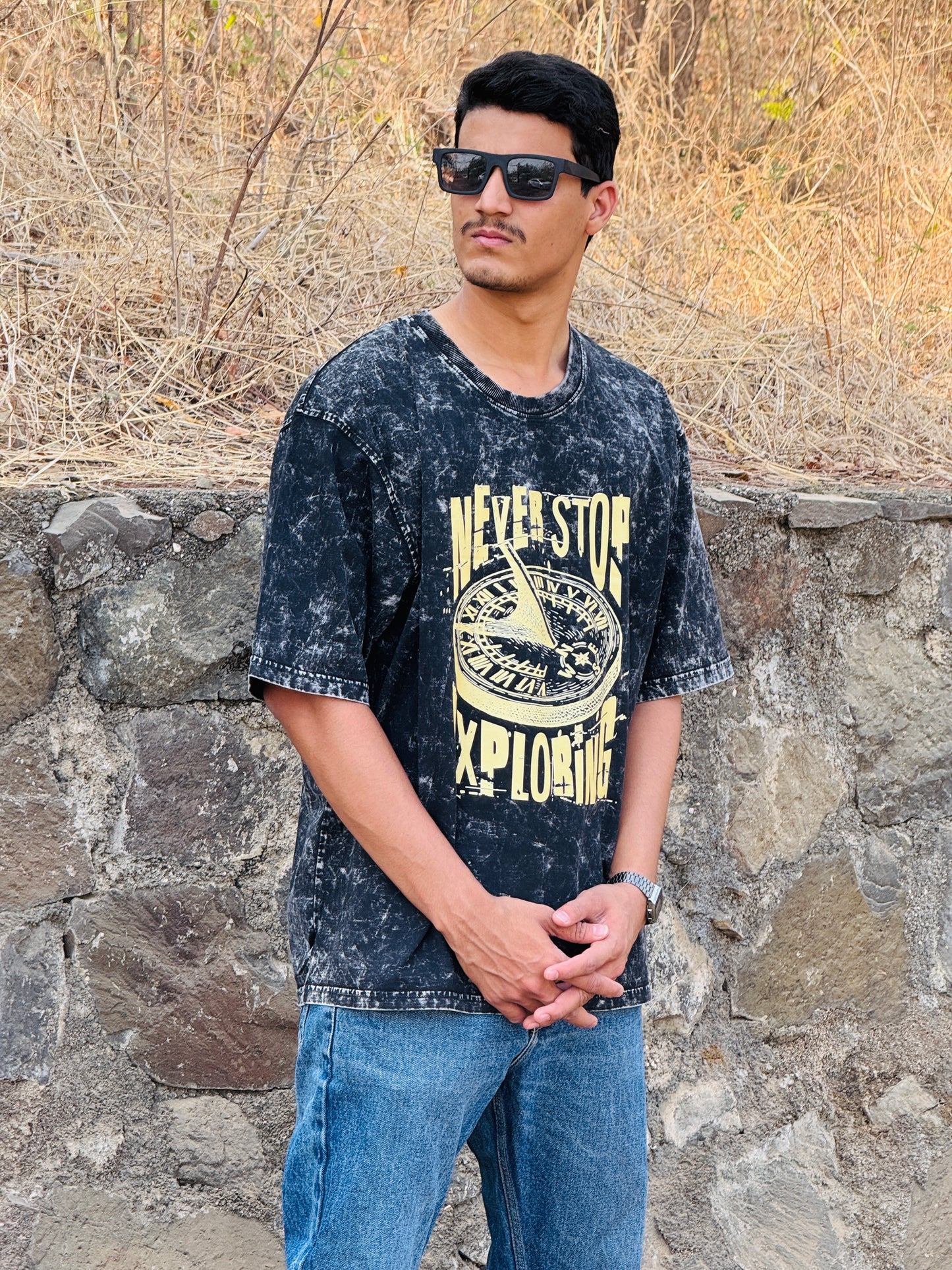 Never Stop Exploring Unisex Acid Wash Oversized T-Shirt