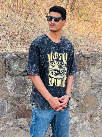 Never Stop Exploring Unisex Acid Wash Oversized T-Shirt