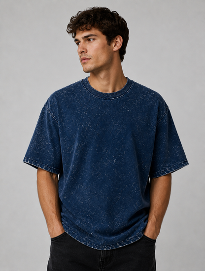 Unisex Acid Washed Oversized Tee - Navy Blue