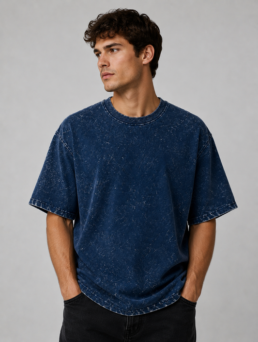 Unisex Acid Washed Oversized Tee - Navy Blue