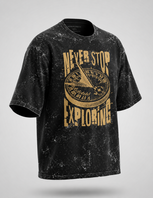 Never Stop Exploring Unisex Acid Wash Oversized T-Shirt