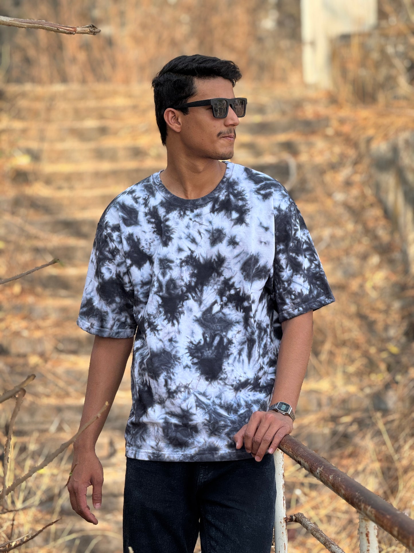 Grey & Black Tie-Dye Oversized T-Shirt